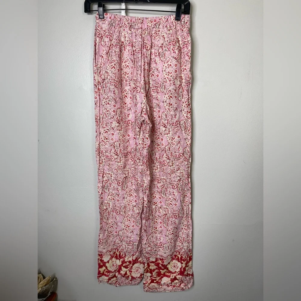 Zara Women Wide Leg Linen Blend Elastic Waist Trouser Pants Pink/White Sz XS